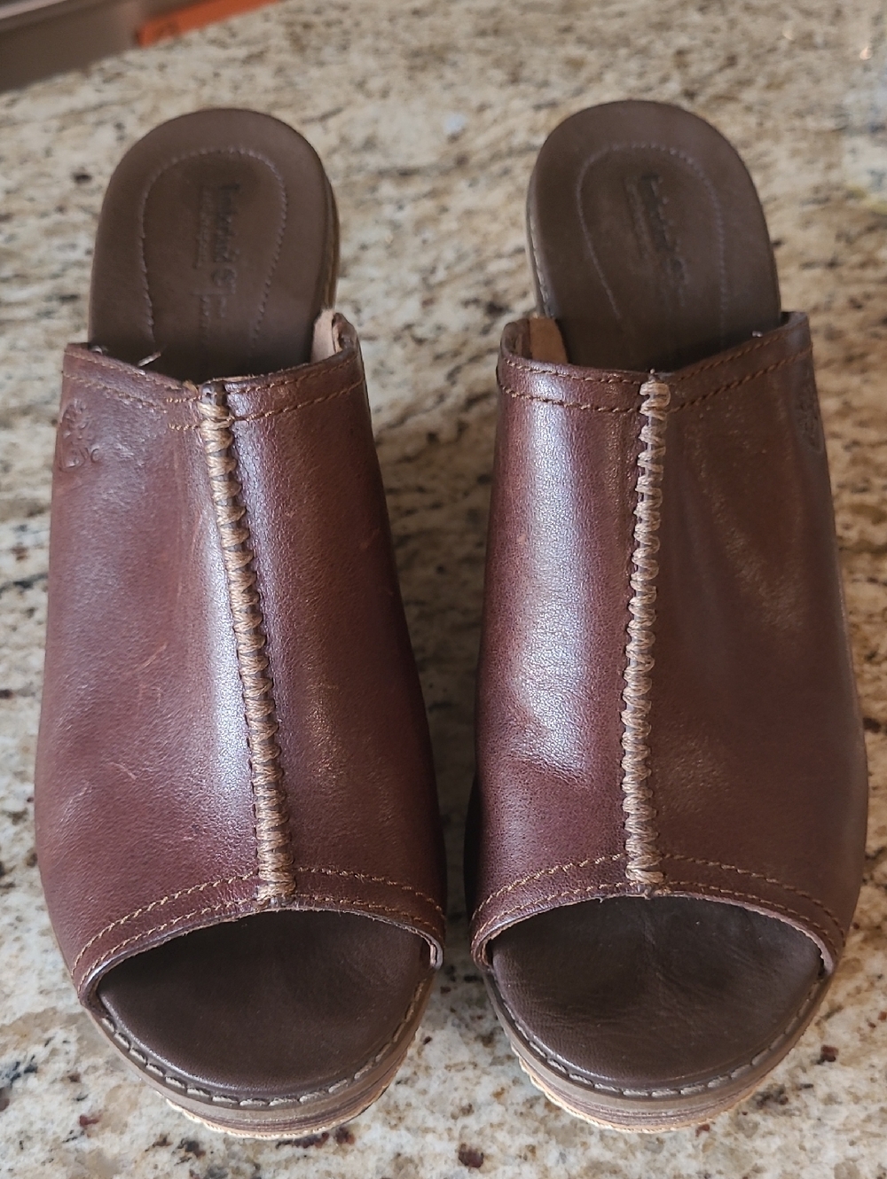 Women's Timberland Brown Leather Open-Toe Slide Wedges